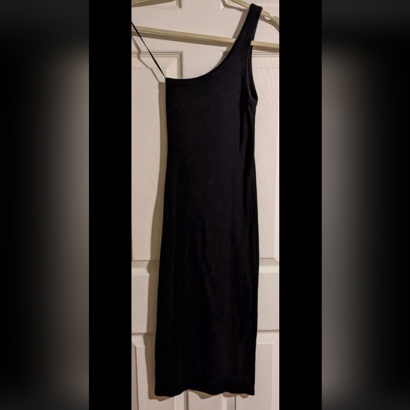 SOLD Zara Black One Shoulder Tank Dress S Ribbed Cotton Blend Stretchy Bodycon - Picture 4 of 5
